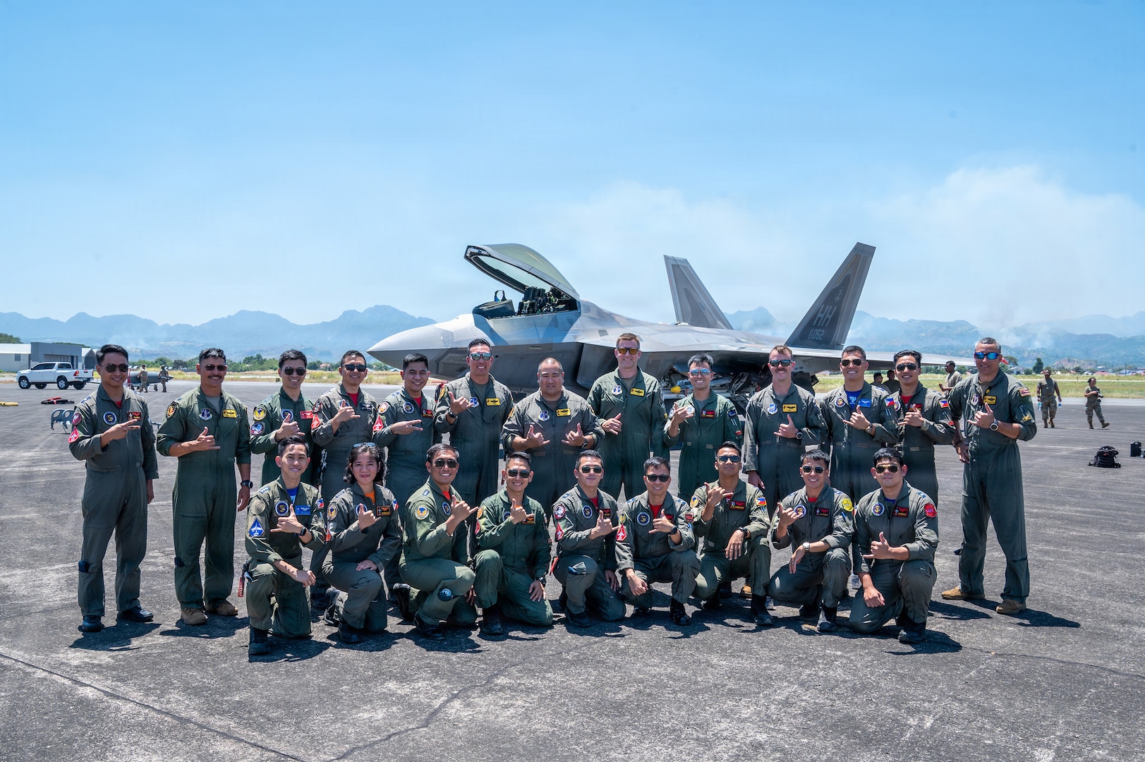 Philippine Air Force 5th Fighter Wing pilots welcome U.S. Air Force and Air National Guard pilots assigned to the 199th Air Expeditionary Squadron, comprising the 19th Fighter Squadron and 199th Fighter Squadron, following arrival at exercise Cope Thunder 26-1 at Basa Air Base, Philippines, April 3, 2026.