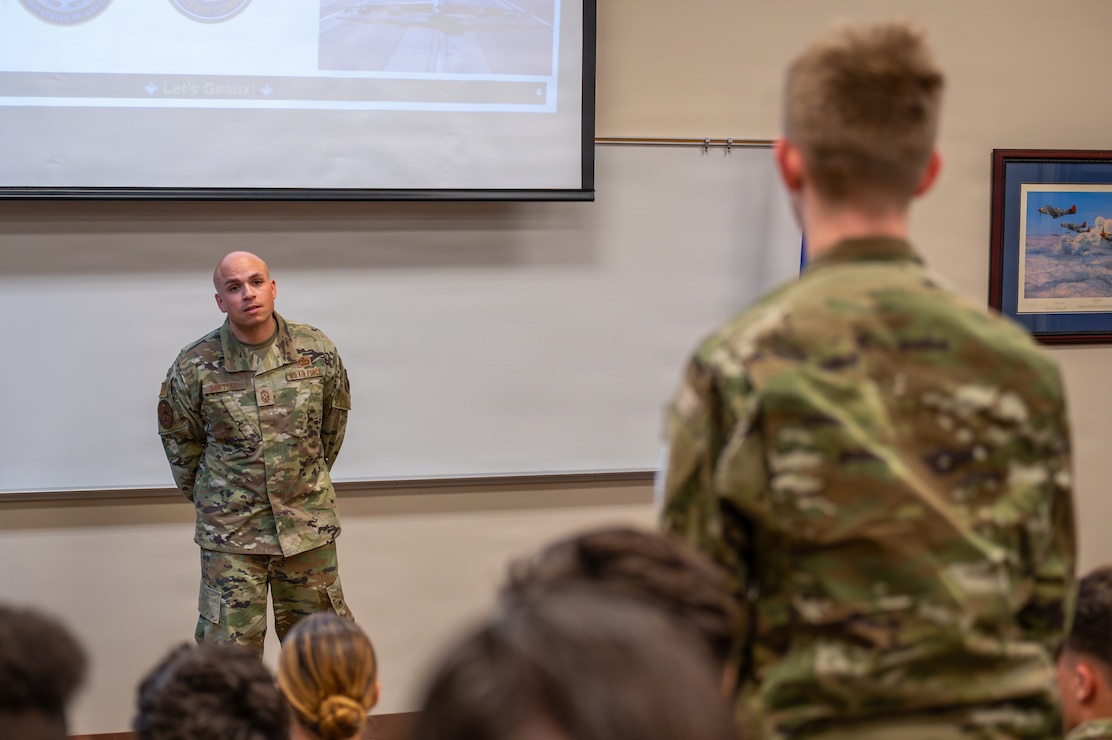 2nd BW command chief listens to question from cadet