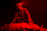 Spc. Erick Bedoya, 15th Finance Battalion financial management technician, provides tactical combat casualty care to a simulated casualty at the Medical Simulation Training Facility on Fort Jackson, S.C., April 21, 2026. Twelve finance and comptroller Soldiers were graded on their ability to provide medical care under fire as part of the U.S. Army Finance Corps’ annual Finance Soldier of the Year competition. (U.S. Army photo by Mark R. W. Orders-Woempner)