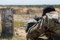 Sgt. Boris Ilboudo, 125th Finance Battalion early entry team certifier, fires an M4 carbine at Fort Jackson, S.C., April 22, 2026. Twelve finance and comptroller Soldiers took their best shots as part of the U.S. Army Finance Corps’ annual Finance Soldier of the Year competition. (U.S. Army photo by Mark R. W. Orders-Woempner)