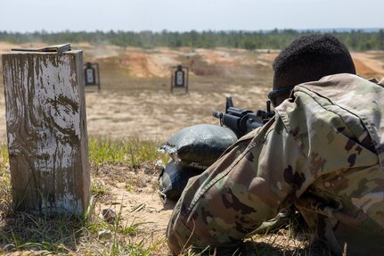Sgt. Boris Ilboudo, 125th Finance Battalion early entry team certifier, fires an M4 carbine at Fort Jackson, S.C., April 22, 2026. Twelve finance and comptroller Soldiers took their best shots as part of the U.S. Army Finance Corps’ annual Finance Soldier of the Year competition. (U.S. Army photo by Mark R. W. Orders-Woempner)