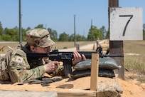 Sgt. Tina Martinez, 106th Finance Battalion Alpha Company training noncommissioned officer in charge, fires an M4 carbine at Fort Jackson, S.C., April 22, 2026. Twelve finance and comptroller Soldiers took their best shots as part of the U.S. Army Finance Corps’ annual Finance Soldier of the Year competition. (U.S. Army photo by Mark R. W. Orders-Woempner)
