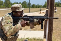 Capt. Terry Montgomery, 15th Finance Battalion finance officer, fires an M4 carbine at Fort Jackson, S.C., April 22, 2026. Twelve finance and comptroller Soldiers took their best shots as part of the U.S. Army Finance Corps’ annual Finance Soldier of the Year competition. (U.S. Army photo by Mark R. W. Orders-Woempner)