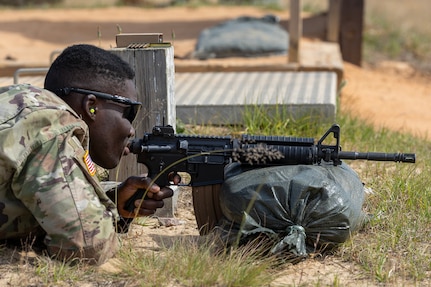 Sgt. Boris Ilboudo, 125th Finance Battalion early entry team certifier, fires an M4 carbine at Fort Jackson, S.C., April 22, 2026. Twelve finance and comptroller Soldiers took their best shots as part of the U.S. Army Finance Corps’ annual Finance Soldier of the Year competition. (U.S. Army photo by Mark R. W. Orders-Woempner)