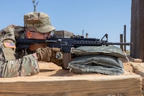 1st Lt. Lucas Tucker, 106th Finance Battalion Bravo Company executive officer, fires an M4 carbine at Fort Jackson, S.C., April 22, 2026. Twelve finance and comptroller Soldiers took their best shots as part of the U.S. Army Finance Corps’ annual Finance Soldier of the Year competition. (U.S. Army photo by Mark R. W. Orders-Woempner)