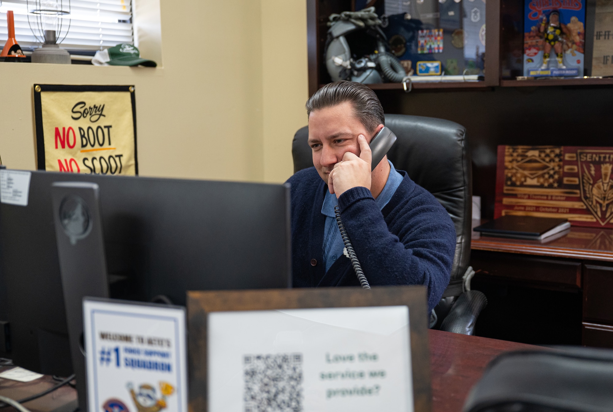 Thomas Baker, 42d Force Support Squadron education specialist answers a call at the Education Office at Maxwell Air Force Base, Alabama, April 29, 2026.