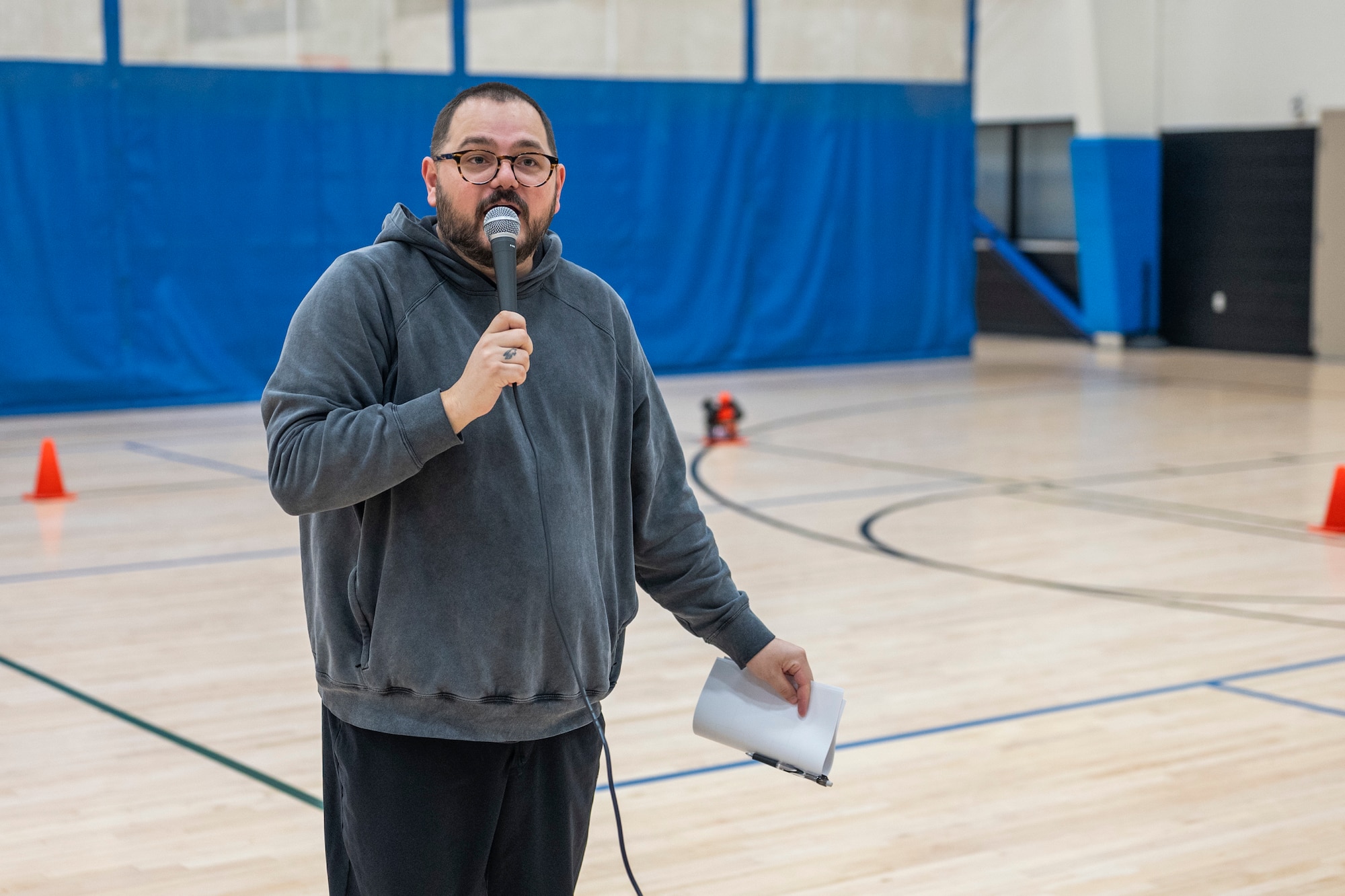 Johnathan Krause, Joint Base Lewis-McChord Army Substance Abuse Program prevention coordinator manager, outlines the reason for the Directorate of Human Resources-ASAP National Alcohol Awareness Month dodgeball tournament at JBLM, Washington, April 2, 2026.