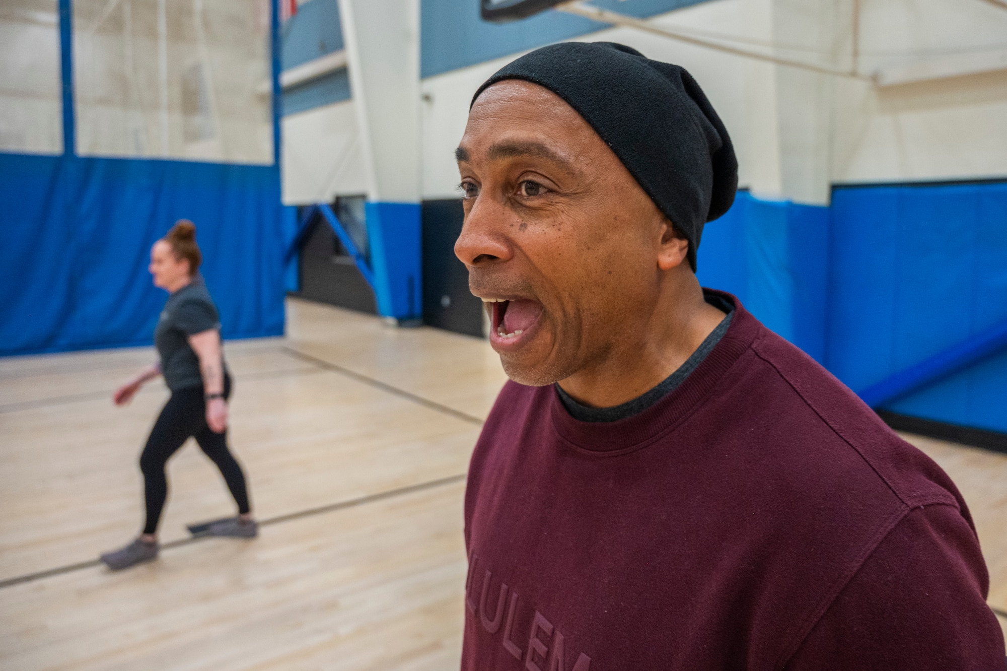 Darren Powell, 62d Airlift Wing Integrated Prevention and Resilience Office director, encourages athletes at the Directorate of Human Resources-Army Substance Abuse Program National Alcohol Awareness Month dodgeball tournament at Joint Base Lewis-McChord, Washington, April 2, 2026.