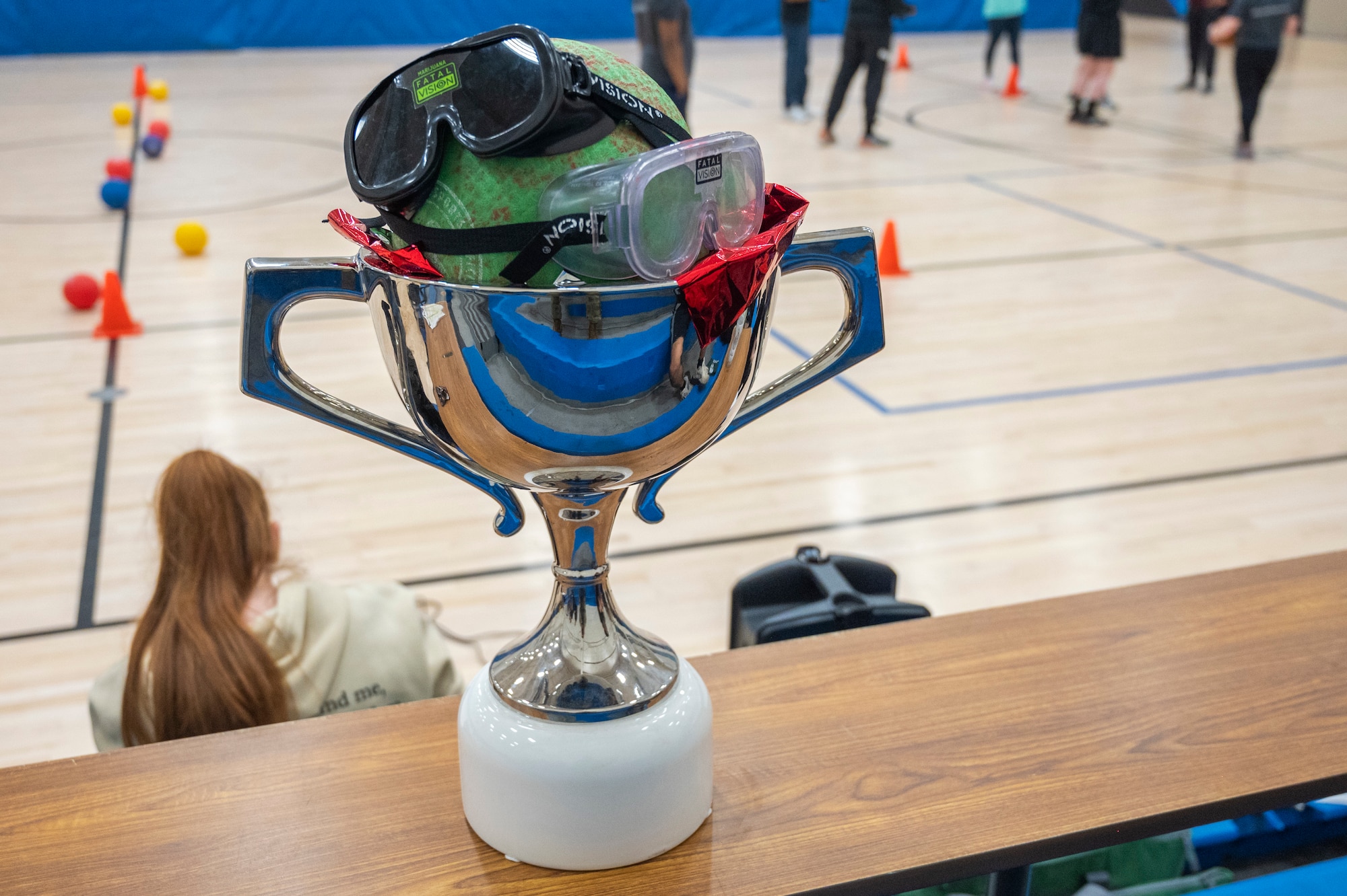 A tournament trophy sits on a table during the Directorate of Human Resources-Army Substance Abuse Program National Alcohol Awareness Month dodgeball tournament at Joint Base Lewis-McChord, Washington, April 2, 2026.