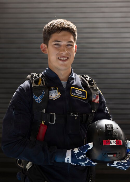 Pablo Lopez-Maheras, a U.S. Air Force Academy cadet and Wings of Blue member, prepares for a demonstration during the Peru Airshow at Las Palmas Air Base, Peru, April 26, 2026. Lopez-Maheras, a first-generation American with family ties to Lima, Peru, grew up visiting the country and maintains close connections with relatives there. His participation represents his commitment to training and continued development in military service and aviation. (U.S. Air Force photo by Staff Sgt. Lauren Diaz)