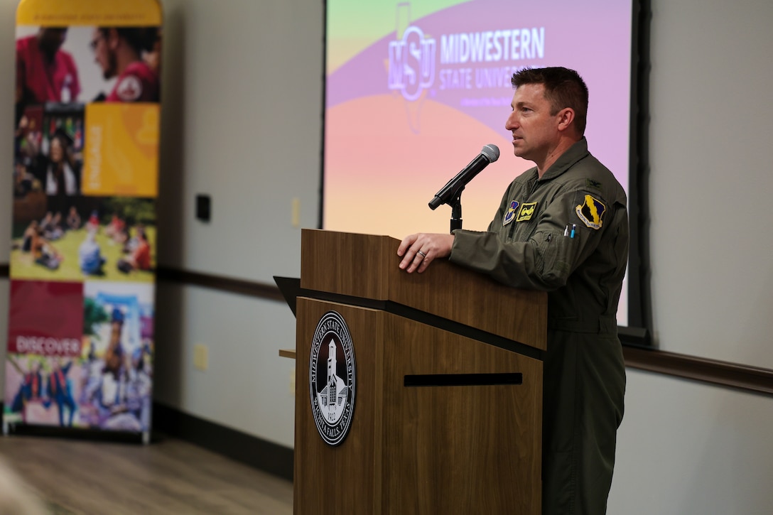 U.S. Air Force Col. Jeffrey Shulman, 80th Flying Training Wing commander, delivers remarks during the ribbon‑cutting ceremony for the Midwestern State University Military Education Center in Wichita Falls, Texas, April 29, 2026.