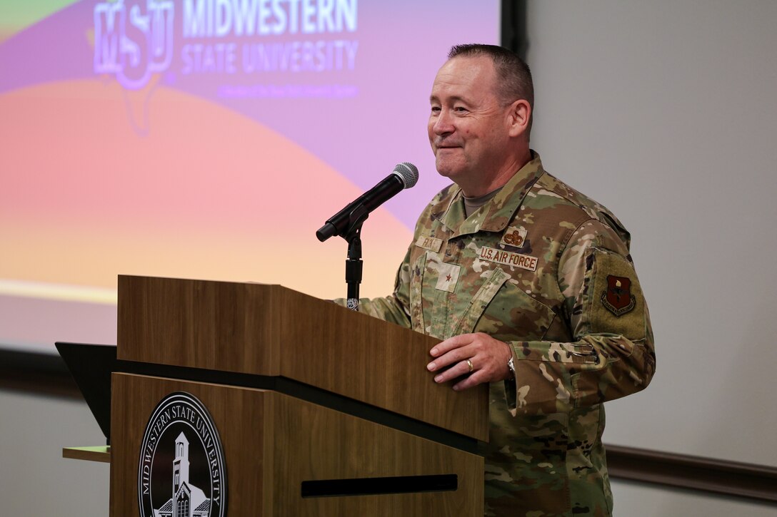 U.S. Air Force Brig. Gen. Paul Filcek, 82nd Training Wing commander, shares remarks during the ribbon‑cutting ceremony for the Midwestern State University Military Education Center in Wichita Falls, Texas, April 29, 2026.