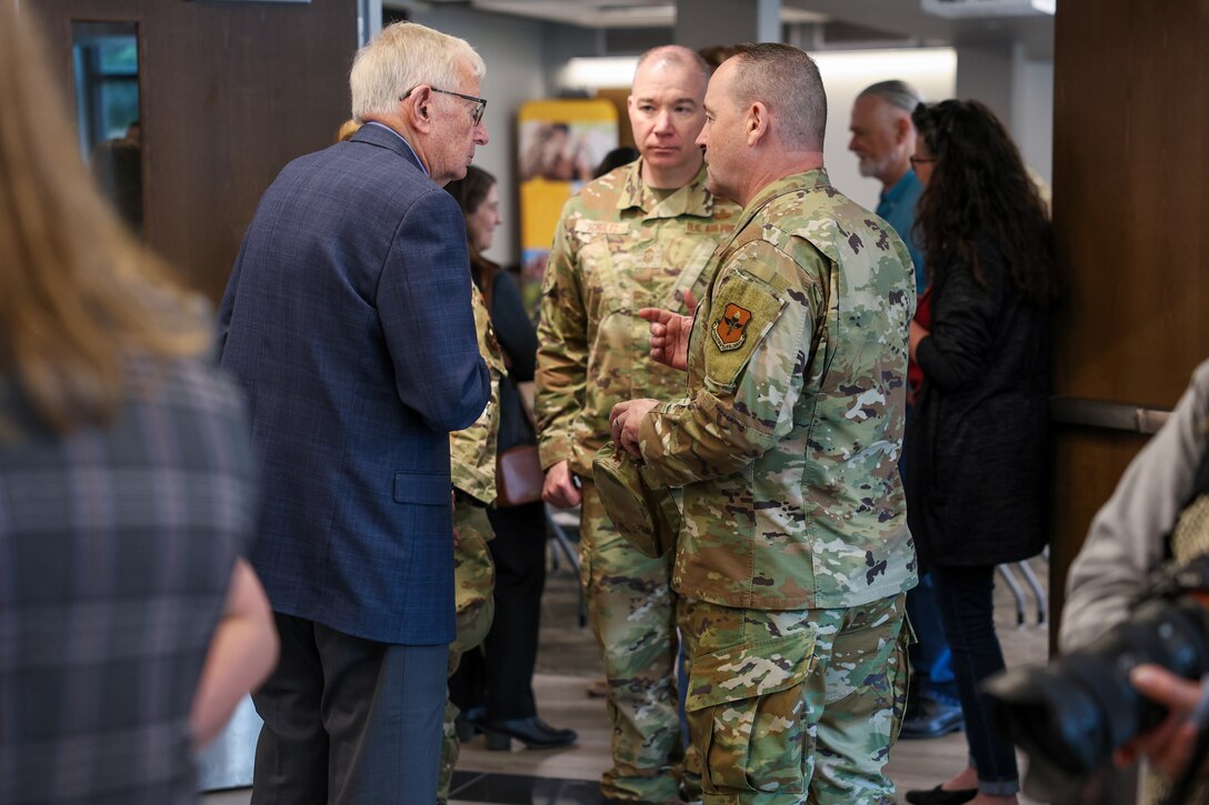 From right, U.S. Air Force Brig. Gen. Paul Filcek, 82nd Training Wing commander, and U.S. Air Force Chief Master Sgt. Rey Schultz, 82nd TRW command chief, speak with a community partner during the ribbon‑cutting ceremony for the Midwestern State University Military Education Center in Wichita Falls, Texas, April 29, 2026.