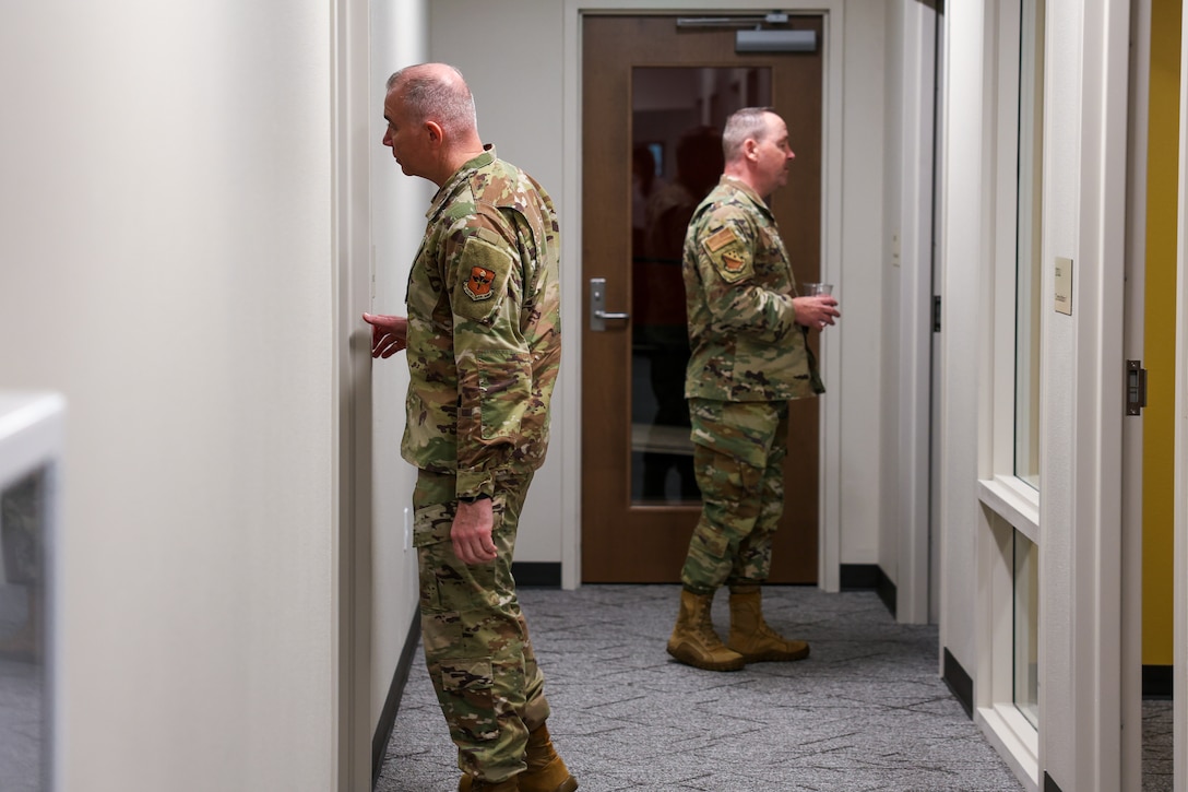 From front, U.S. Air Force Chief Master Sgt. Rey Schultz, 82nd Training Wing command chief, and U.S. Air Force Brig. Gen. Paul Filcek, 82nd TRW commander, tour the new Midwestern State University Military Education Center following the ribbon‑cutting ceremony in Wichita Falls, Texas, April 29, 2026.