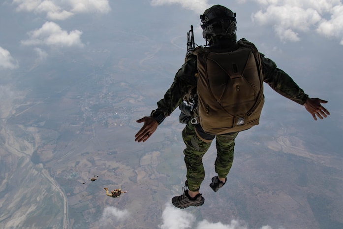 U.S. Air Force Special Operations Command Airmen conduct a military free-fall jump during Exercise Balikatan 2026 over the Philippines, April 23, 2026.