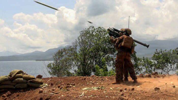 U.S. Marine Corps Lance Cpl. Bryce Cawood, a low altitude air defense gunner assigned to 3rd Low Altitude Air Defense Battalion, Marine Rotational Force –Darwin 26, fires a FIM-92 Stinger missile system at airborne targets during a combined live-fire event as part of Exercise Balikatan 2026 in Aporawan, Palawan, Philippines, April 27, 2026.