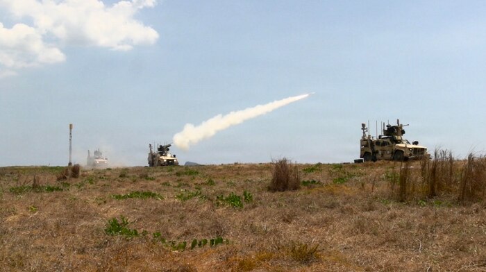 A U.S. Marine Air Defense Integrated System with 3rd Littoral Anti-Air Battalion, 3rd Marine Littoral Regiment, 3rd Marine Division, fires an FIM-92E stinger missile during an integrated air and missile defense event as part of Exercise Balikatan 2026 at Naval Station San Miguel, Philippines, April 28, 2026.