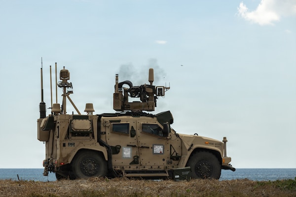 A U.S. Marine Air Defense Integrated System with 3rd Littoral Anti-Air Battalion, 3rd Marine Littoral Regiment, 3rd Marine Division, fires an XM950 training practice round at a moving target during an integrated air and missile defense event as part of Exercise Balikatan 2026 at Naval Station Leovigildo Gantioqu, Philippines, April 28, 2026.