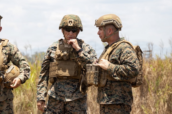 U.S. Marine Corps Brig. Gen. Omar Randall, left, commanding general of the Marine Air-Ground Task Force for Exercise Balikatan 2026 speaks with Col. Gabriel Diana, commanding officer of 3rd Marine Littoral Regiment, 3rd Marine Division, during the integrated air and missile defense event as part of Balikatan 2026 at Naval Station Leovigildo Gantioqu, Philippines, April 28, 2026.