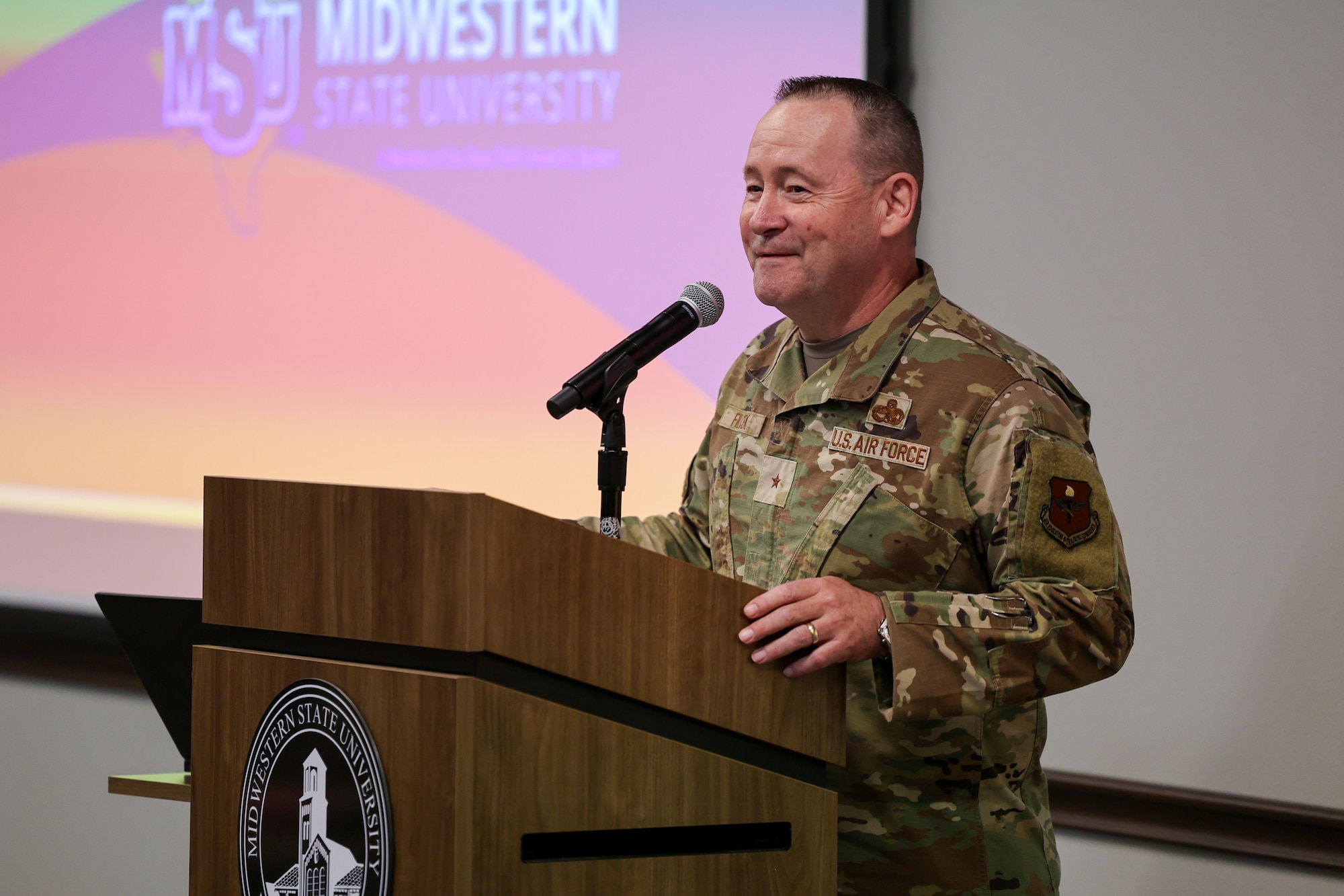 U.S. Air Force Brig. Gen. Paul Filcek, 82nd Training Wing commander, shares remarks during the ribbon‑cutting ceremony for the Midwestern State University Military Education Center in Wichita Falls, Texas, April 29, 2026.