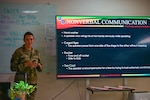 U.S. Air Force Staff Sgt. Emily Goins, 335th Training Squadron instructor, teaches students about nonverbal communication at  Keesler Air Force Base, Mississippi, April 27, 2026. Students entering the new human resources and administration career field are trained at Keesler in an integrated course combining skills from both legacy career fields. (U.S. Air Force photo by Airman 1st Class Kaleb Tewes)