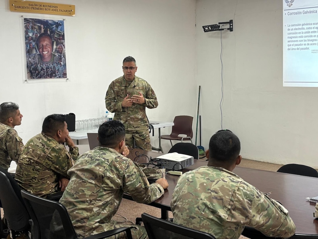 U.S. Air Force Tech. Sgt. Nestor Rivera, aircraft structural maintenance instructor, 156th Tactical Advisory Squadron, Puerto Rico Air National Guard, conducts an aircraft structural maintenance course at Panama City, Panama, March 16, 2026. (U.S. Air National Guard courtesy photo)