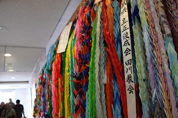 260409-N-TW242-1003 OKINAWA, Japan (April 9, 2026) - U.S. Naval Hospital Okinawa Wardroom
Observes the Start of the Battle of Okinawa on April 9th, 2026. Folded paper cranes are a prominent symbol of peace, healing, and longevity in Okinawa often created in sets of 1,000. (U.S. Navy photo by Public Affairs Officer Trey Savitz)