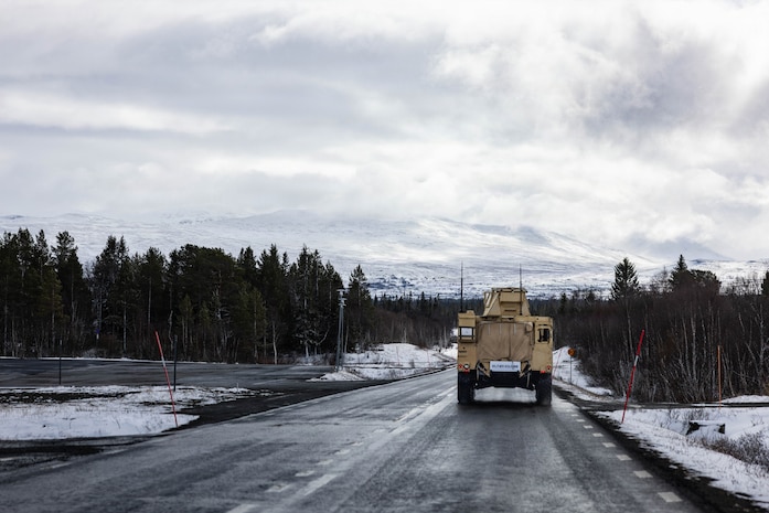 U.S. Marines and Sailors with Combat Logistics Battalion 24, Combat Logistics Regiment 27, 2nd Marine Logistics Group, conduct a long-range convoy during exercise Aurora 26 in Sweden, April 25, 2026. The long-range convoy from Værnes, Norway, to Sundsvall, Sweden, showcased CLB-24's unit readiness and interoperability with NATO Allies and partners. U.S. Marines and Sailors with 2nd MLG are participating in exercise Aurora as part of the larger U.S. Army-led Sword 26 series of linked multinational exercises, which directly supports NATO's Eastern Flank Deterrence Initiative concept, validates defense plans, builds a unified lethal force, and strengthens deterrence. (U.S. Marine Corps photo by Lance Cpl. Brady Hathaway)