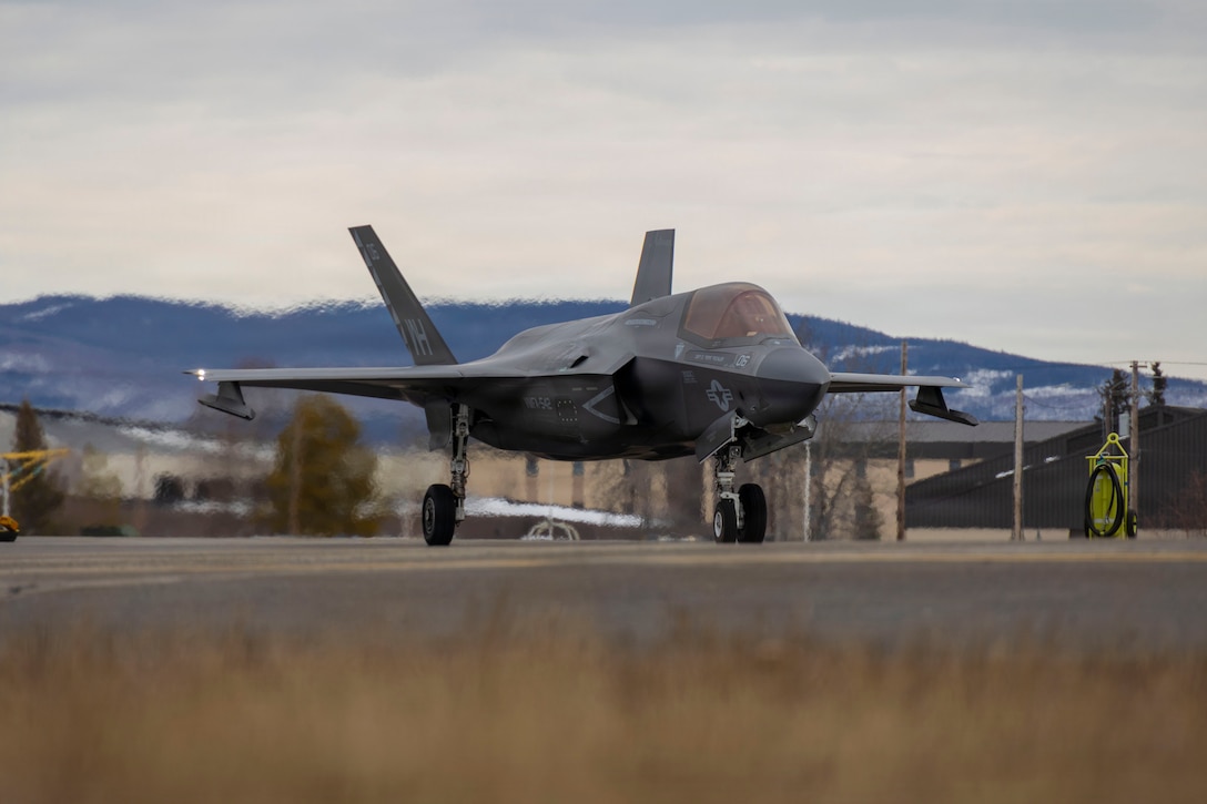 A U.S. Marine Corps F-35B Lightning II with Marine Fighter Attack Squadron (VMFA) 542, Marine Aircraft Group 14, 2nd Marine Aircraft Wing prepares for takeoff during exercise Red Flag-Alaska 26-1 at Eielson Air Force Base, Alaska, April 20, 2026. Red Flag-Alaska is an exercise designed to simulate complex scenarios in a realistic training environment, providing unique opportunities to integrate joint and coalition forces into multilateral training, enhancing our ability to respond to contingencies in the region. (U.S. Marine Corps photo by Lance Cpl. Bryan Giraldo)