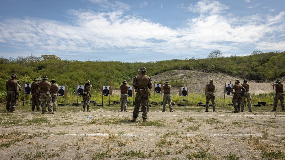 U.S. Marines with Light Armored Reconnaissance Company, Battalion Landing Team 3/6, 22nd Marine Expeditionary Unit (Special Operations Capable), and Ecuadorian Marines conduct a live-fire pistol range during a bilateral exercise on Naval Base Jaramijó, Ecuador, April 24, 2026. The 22nd MEU (SOC)’s Ecuador bilateral training enhances interoperability with partner forces, reinforces longstanding security relationships, and improves combined readiness to respond to crises across the region. U.S. military forces are deployed to the region in support of U.S. Southern Command mission objectives and the president’s priorities to strengthen regional security, disrupt illicit drug trafficking, and protect the U.S. homeland. (U.S. Marine Corps photo)