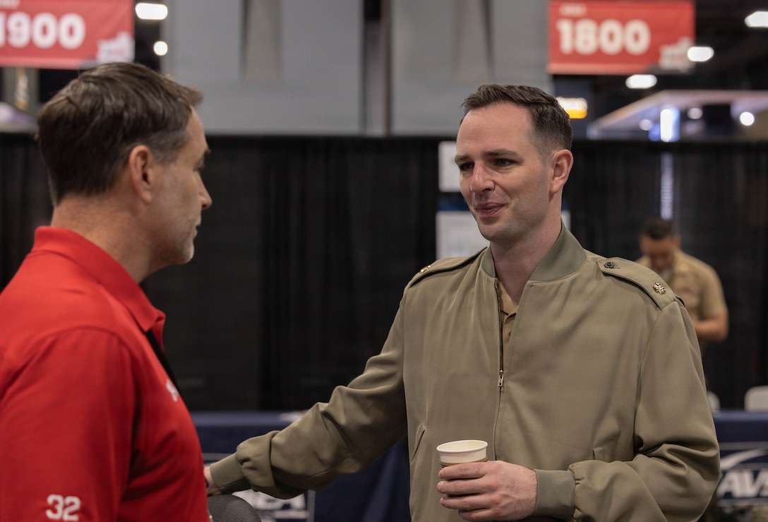 U.S. Marine Corps Maj. Thomas A. Kleiber, Marine Innovation Unit Communications and Strategy Officer, discusses on how the Marine Innovation Unit serves as an on-demand supporting entity charged with accelerating the development and deployment of advanced capabilities, transforming the Naval Services’ capacity for technology and employment, and recruiting and retaining top reserve talent, during  Modern Day Marine 2026, Walter E. Washington Convention Center, Washington, DC, April 29, 2026. Modern Day Marine brings together representatives from military, industry and government to collaborate in shaping the future of the United States Marine Corps. Through the interactions taking place at Modern Day Marine, the Corps is able to engage, educate and increase understanding of the Marine Corps' contributions to the National Defense Strategy. (U.S. Marine Corps photo by Cpl. Carlina Holland)