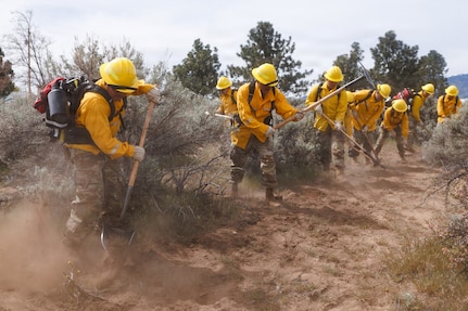U.S. Army Soldiers in the Nevada Army National Guard conduct a line construction exercise at the Nevada Division of Forestry's western area headquarters in Washoe Valley, Nevada, April 23, 2026.