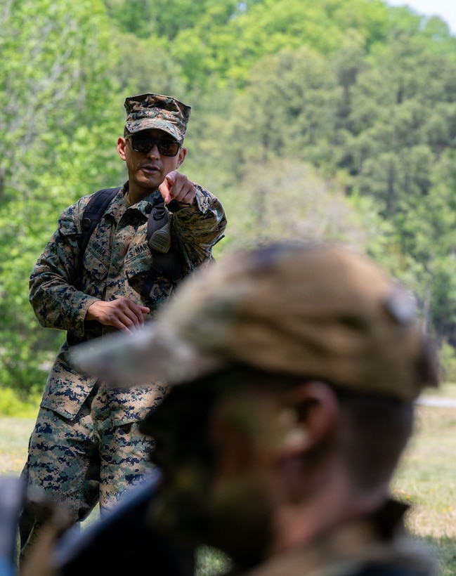 U.S. Marine Corps Gunnery Sgt. Esvin Mejia, a leadership and warfighting instructor, instructs Airman Leadership School students at Marine Corps Base Quantico, Virginia, April 24, 2026.