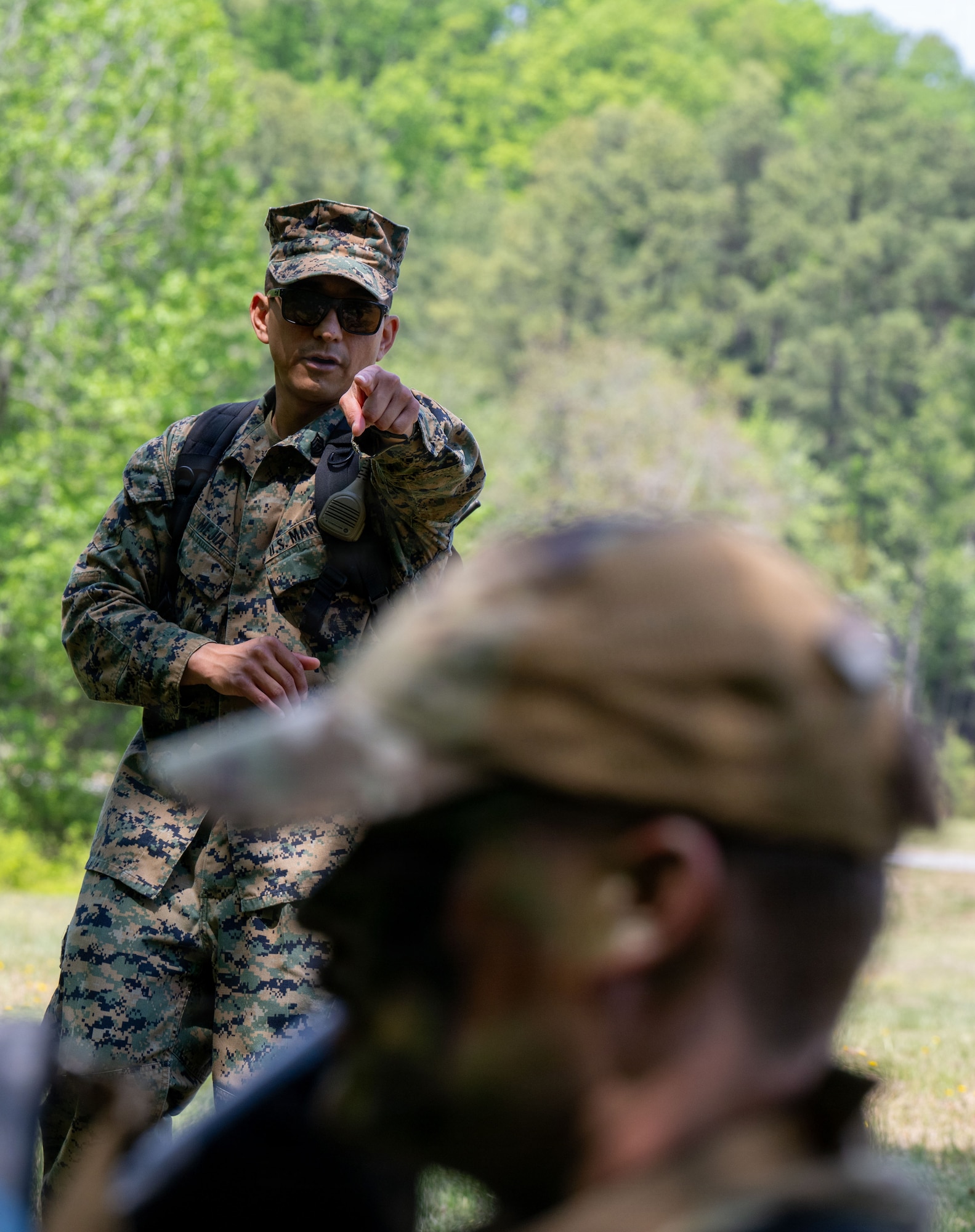 U.S. Marine Corps Gunnery Sgt. Esvin Mejia, a leadership and warfighting instructor, instructs Airman Leadership School students at Marine Corps Base Quantico, Virginia, April 24, 2026.