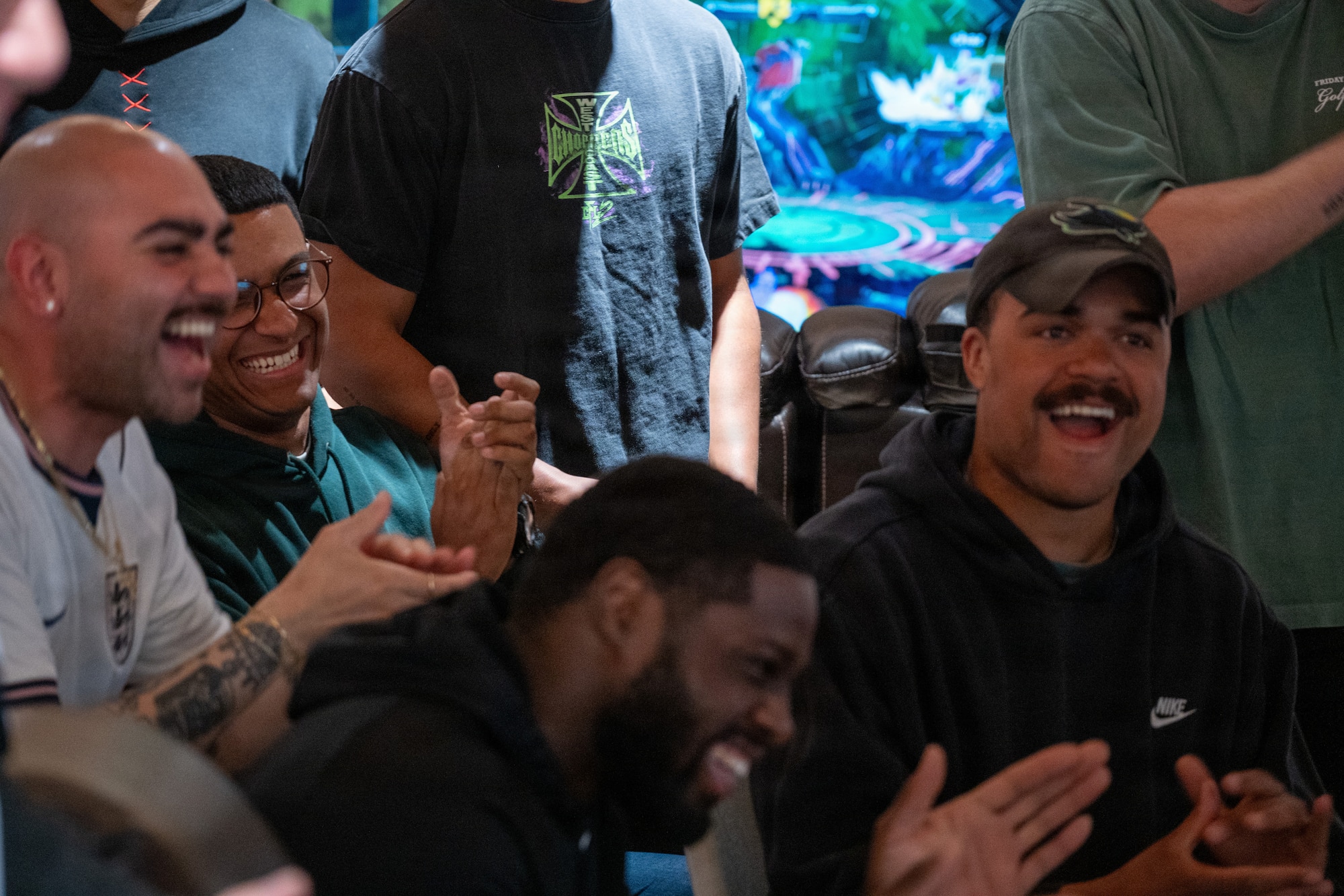 U.S. Air Force Airmen react during a gaming tournament