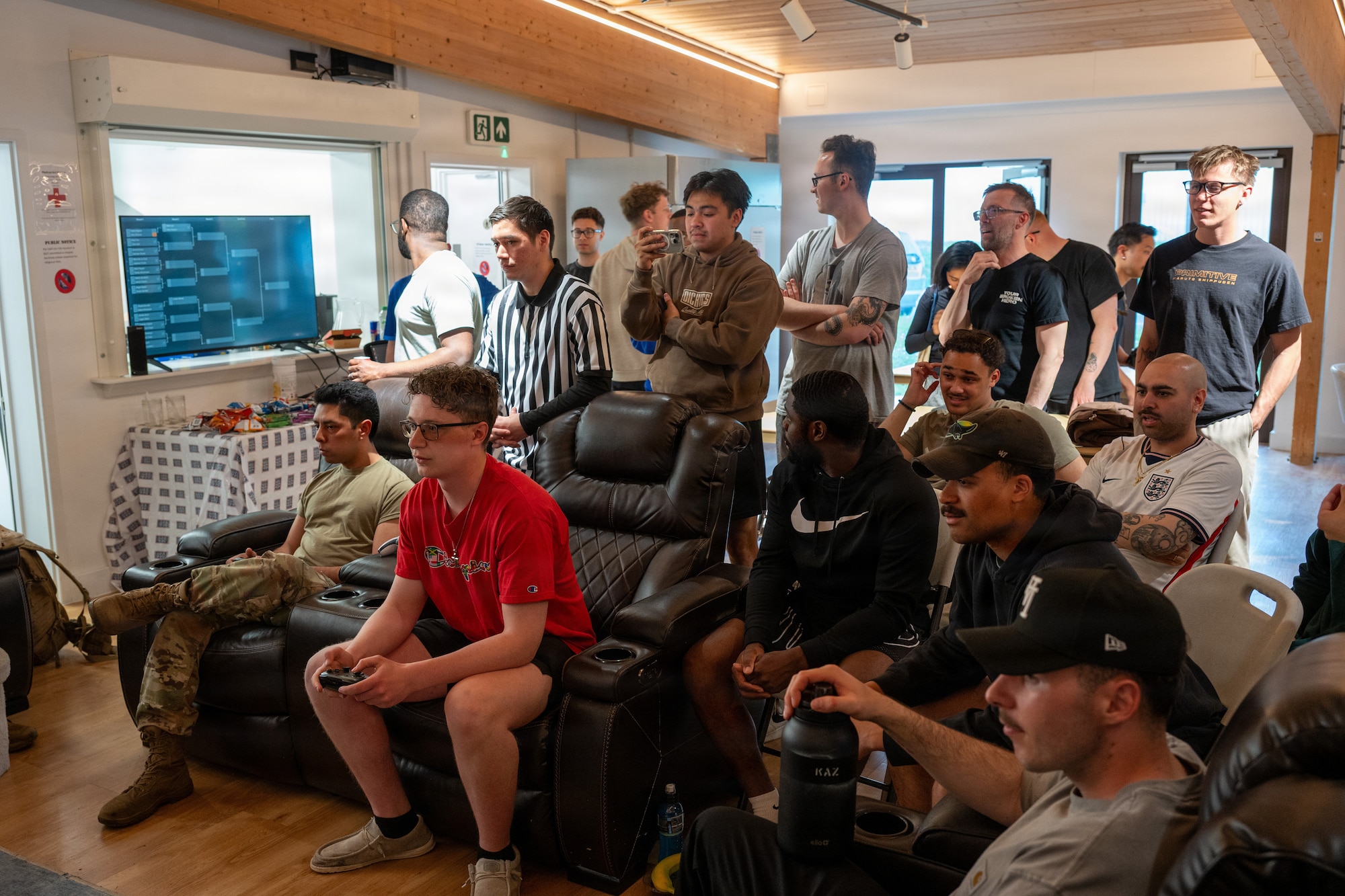 U.S. Air Force Airmen gather to watch a gaming tournament at RAF Fairford, England, April 24, 2026.