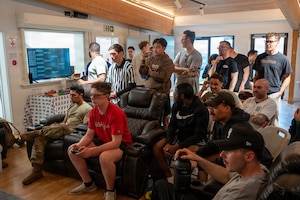 U.S. Air Force Airmen gather to watch a gaming tournament at RAF Fairford, England, April 24, 2026.
