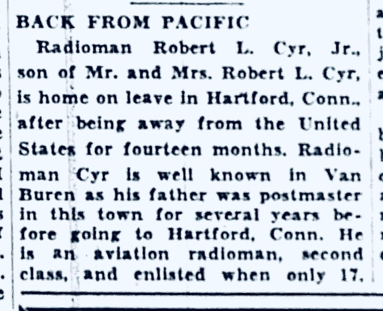 U.S. Navy Aviation Radioman 2nd Class Robert L. Cyr, Jr.