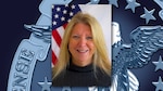 Graphic featuring an official photo of a woman with blonde hair, wearing a gray turtleneck