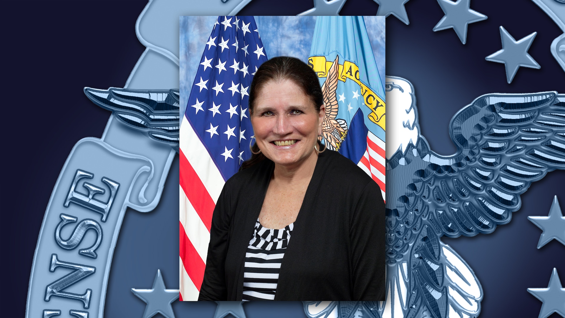 Graphic featuring an official photo of a woman with dark hair in a ponytail, wearing a striped shirt and black blazer
