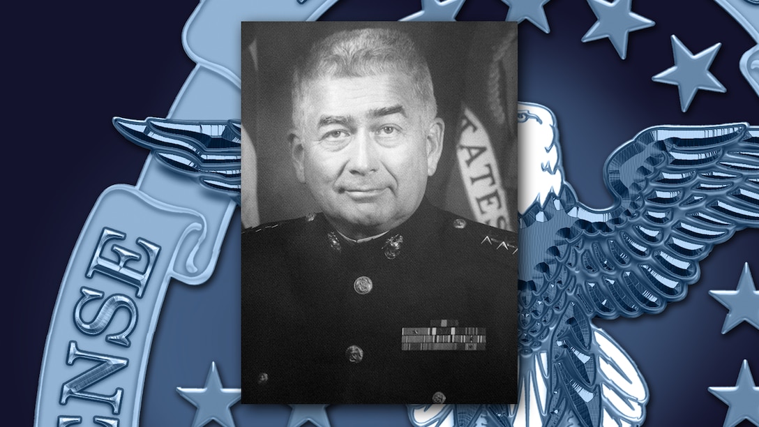 Graphic featuring an official photo of a man in a Marine Corps dress uniform