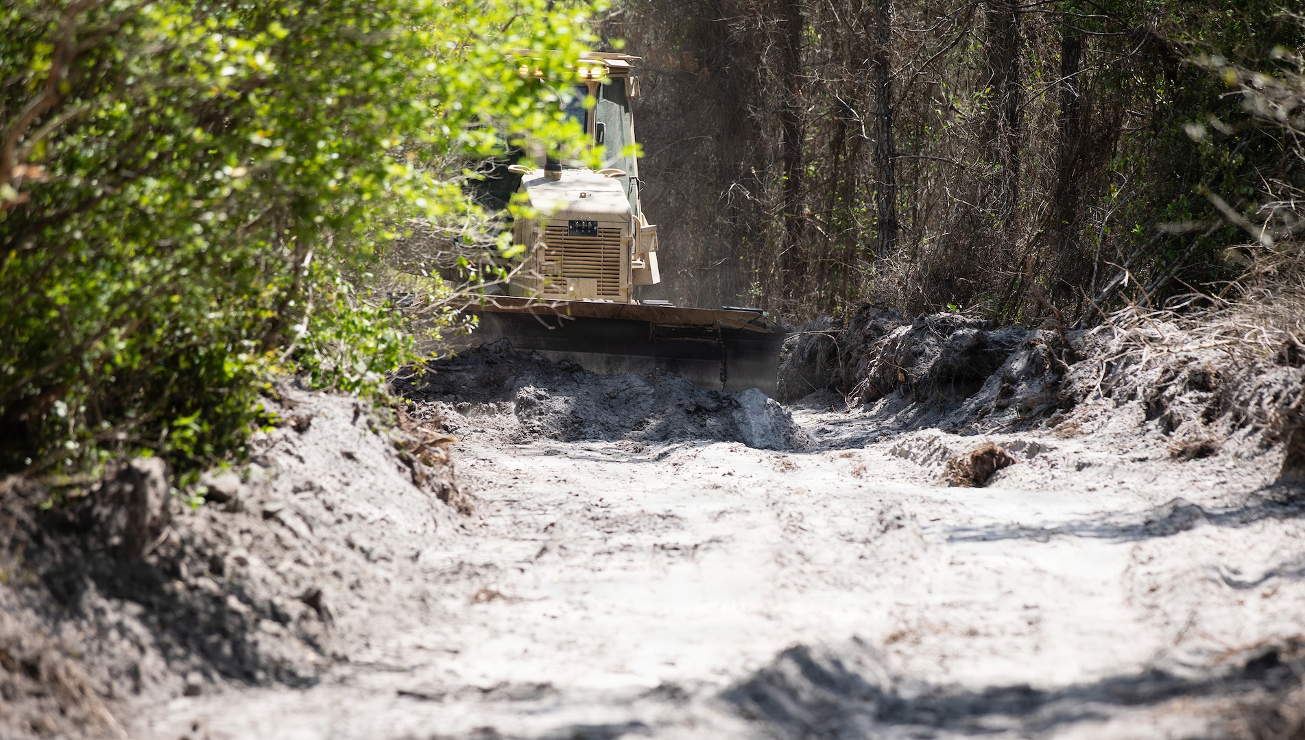 A bulldozer crew with 877th Engineer Company, 878th Engineering Battalion, 648th Maneuver Enhancement Brigade, Georgia National Guard helps clear burnt brush in support of wildland fire suppression efforts in Pineland, Georgia, April 29, 2026.