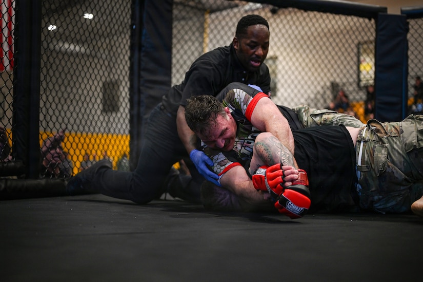 U.S. Army Staff Sgt. Alexander Myers (right), Pennsylvania Army National Guard, competes in the heavyweight finals during day three of the 2026 Lacerda Cup All-Army Combatives Championship at Fort Benning, Ga. Apr. 10, 2026. The two Army National Guard teams finished the tournament with third and sixth place team standings out of twenty-one teams competing, with three National Guard Soldiers earning championship belts. (U.S. Army National Guard photo by Sgt. 1st Class Shane Smith)