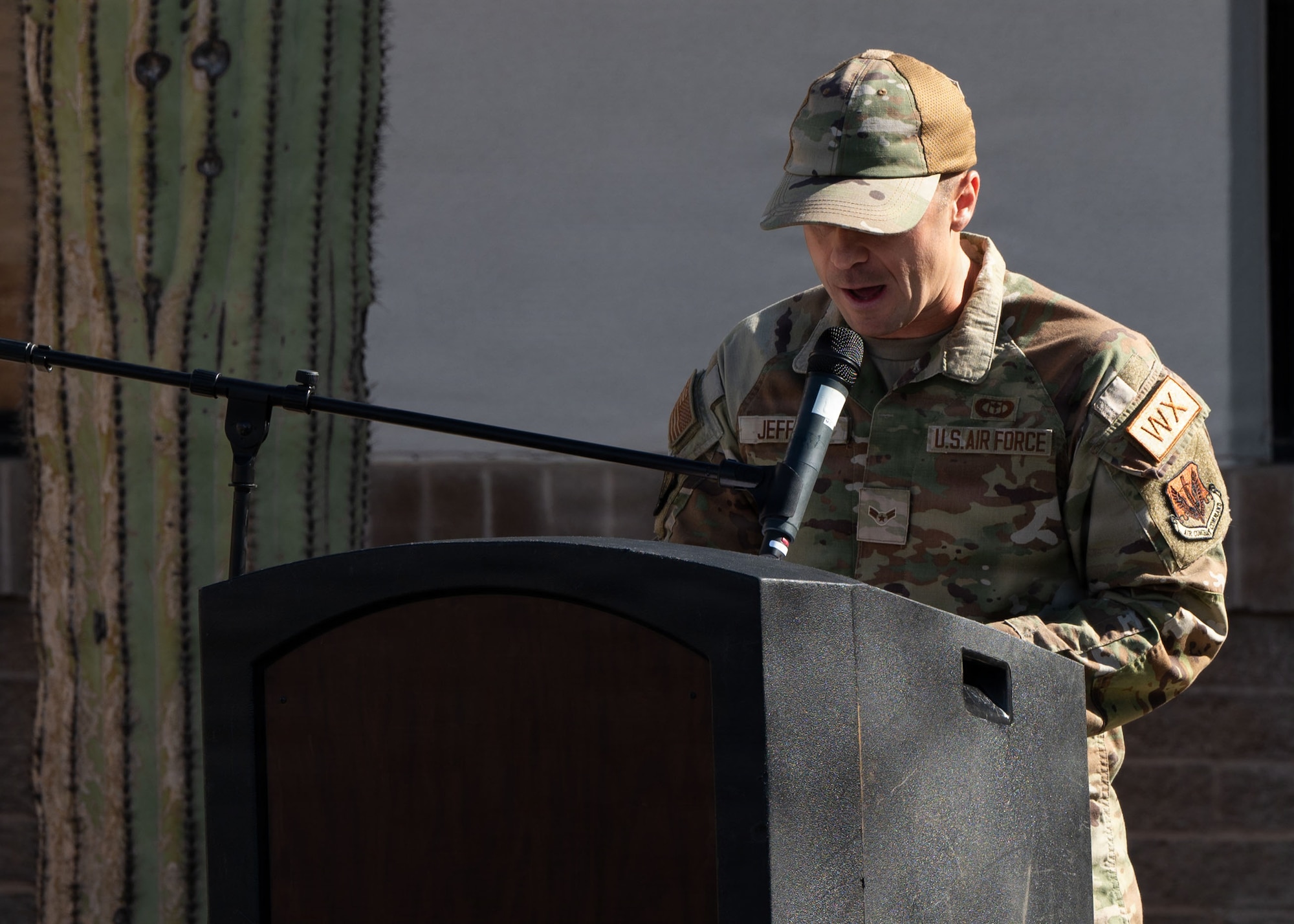 U.S. Air Force Airman 1st Class Dashiell Jeffries, a weather forecaster assigned to the 25th Operational Weather Squadron, opens the annual Capt. Nathan J. Nylander Memorial Ceremony at Davis-Monthan Air Force Base, Arizona, April 24, 2026. Nylander, a weather officer with the 25th OWS, was killed along with eight others during a shooting carried out by an Afghan military trainee at Kabul International Airport, April 27, 2011. (U.S. Air Force photo by Airman Najzee Kuzu)