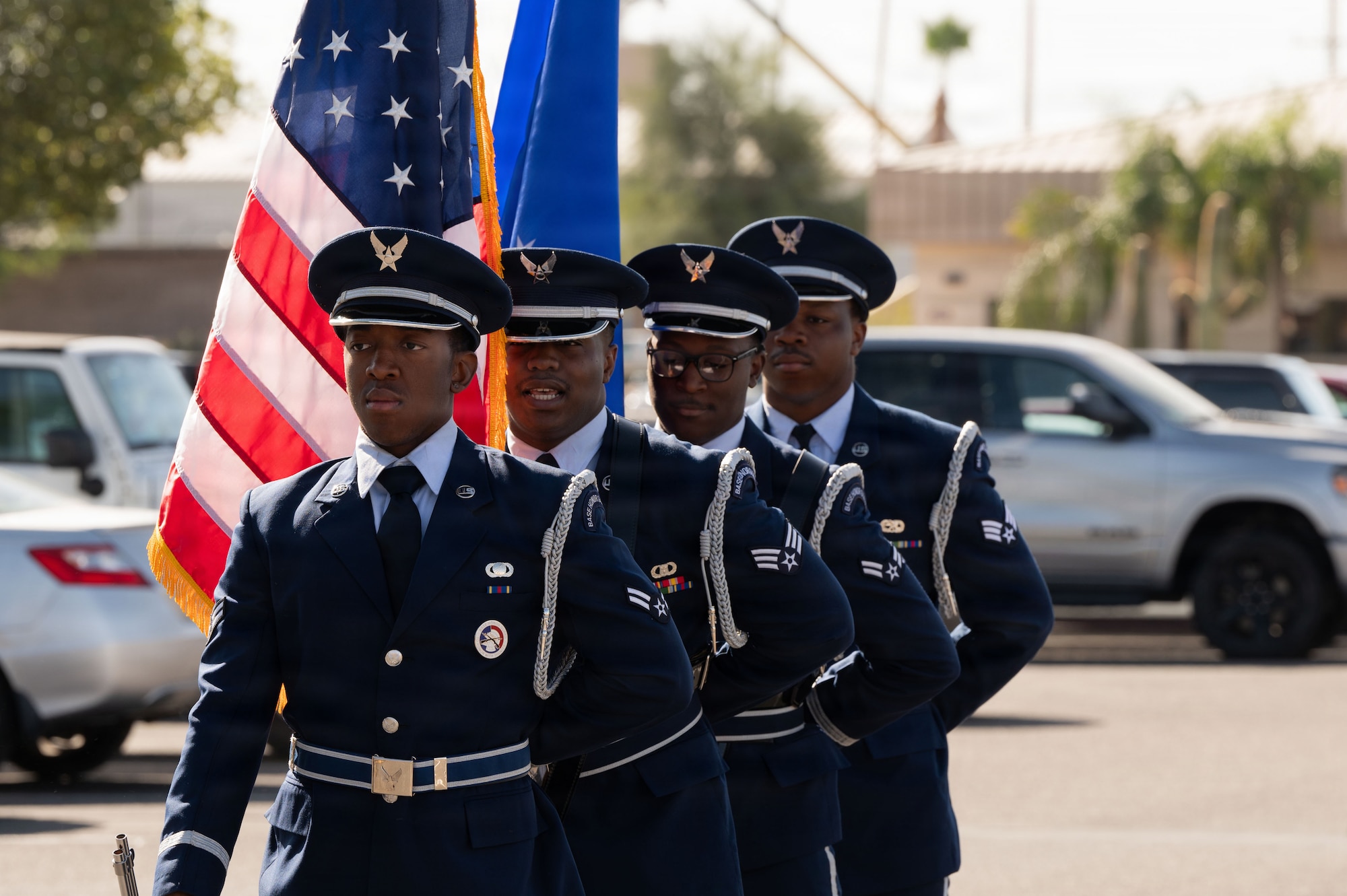 U.S. Air Force Davis-Monthan Air Force Base honor guardsmen present the colors during the Capt. Nathan J. Nylander Memorial Ceremony at Davis-Monthan Air Force Base, Arizona, April 24, 2026. The ceremony featured multiple speakers and honored Nylander’s selfless sacrifice in service to his nation. (U.S. Air Force photo by Airman Najzee Kuzu)