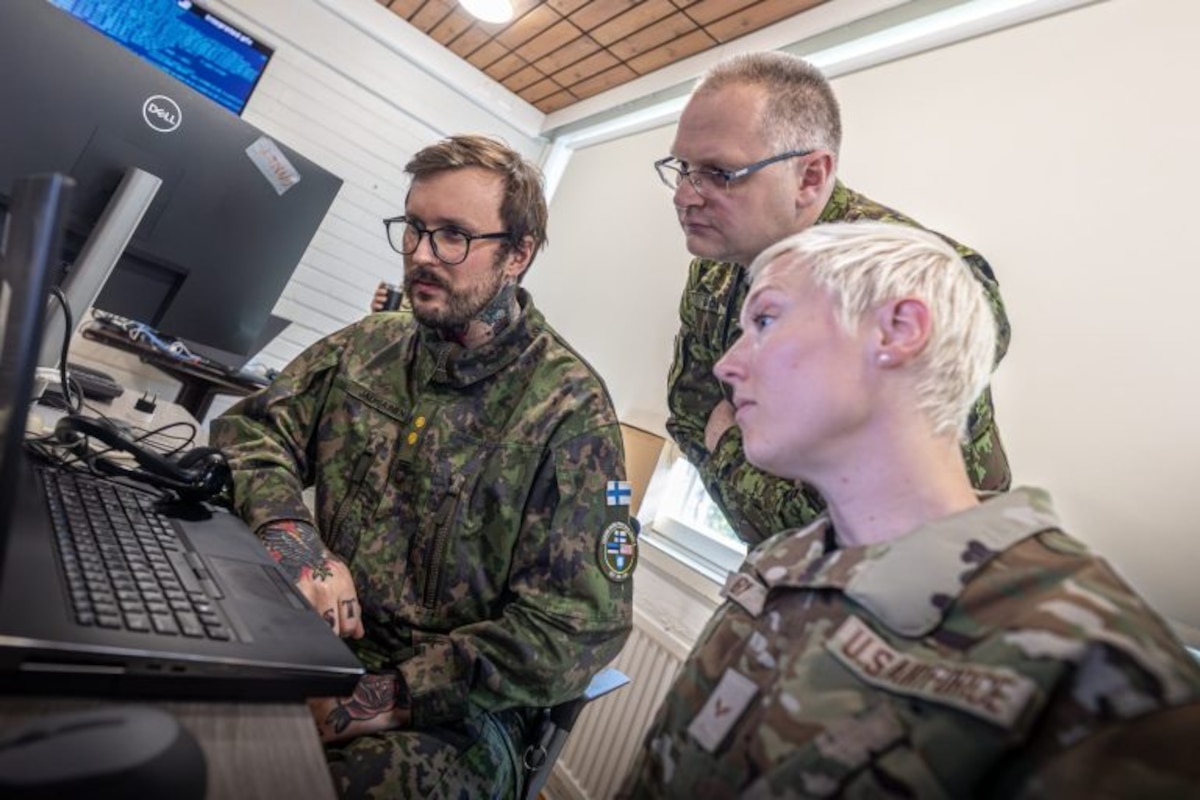 Maryland Air National Guard Airman 1st Class Bethany Libby, an exploitation analyst assigned to the 175th Cyberspace Operations Squadron, conducts defensive cyber operations with counterparts from Estonia and Finland during NATO Exercise Locked Shields 26 in central Finland, April 20, 2026.