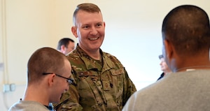Master Sgt. Ryan Rosso, 142nd Aircraft Maintenance Squadron First Sergeant, speaks with cadets at an open house for the Oregon Youth Challenge Program on April 2, 2026 in Bend, Oregon. Rosso himself graduated from the program 20 years ago and returned to speak with the current high school aged students about what their future might hold.