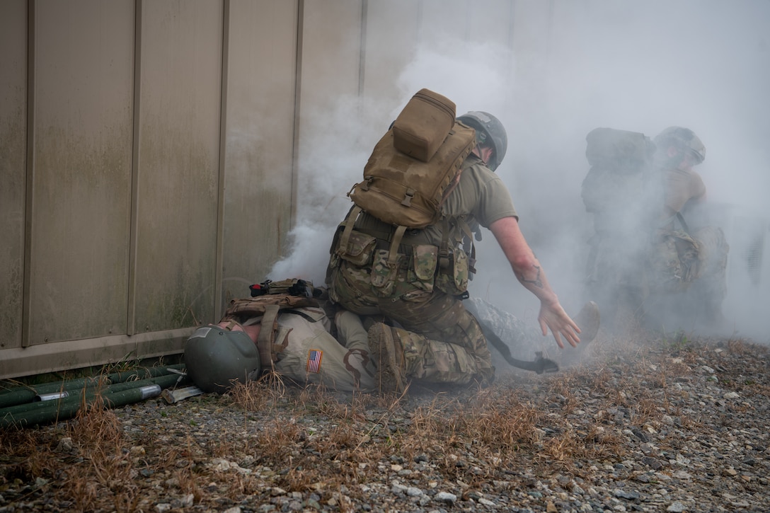 FORT BRAGG, N.C. (Feb. 16, 2023) – Students in the Special Operations Combat Medic Course at the U.S. Army John F. Kennedy Special Warfare Center and School simulate casualty care with high fidelity manikins and using hyper realistic special effects makeup called moulage during training at Fort Bragg, North Carolina Feb. 16, 2023. NSOMI, a detachment of NMOTC, specializes in training the enlisted service members and medical providers who support US special operations. Enlisted service members who completed the courses will specialize in trauma management, infectious diseases, cardiac life support and surgical procedures, with a basic understanding of veterinary medicine and dental medicine. Navy Medicine Operational Training Command (NMOTC) is comprised of six nationwide detachments that offer specialized medical training in the fields of aviation, aviation survival, surface and undersea warfare, expeditionary and special operations medicine. (U.S. Navy Photo by Mass Communication Specialist 2nd Class Russell Lindsey)