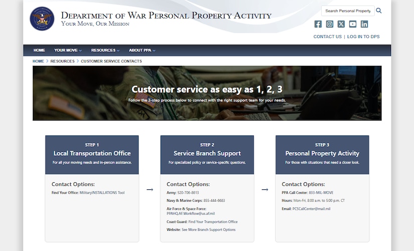 A screenshot of a webpage that reads, “Customer service as easy as 1, 2, 3,” along with information about military moves.