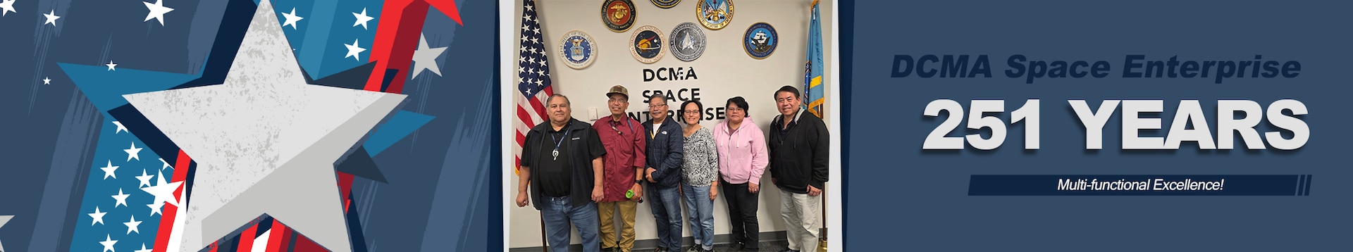 A group stands for a photo with patriotic imagery superimposed